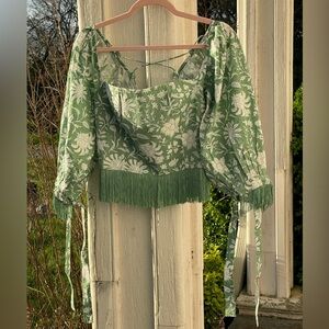 NWT $228 EDDY Peyton Puff Sleeve Fringe Green Floral Crop 100% Cotton Luxe Boho
